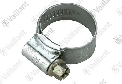 Vaillant Schelle aus Metall mit einer Spange und Schraubverschluss zur sicheren Befestigung von Schläuchen oder Rohren.